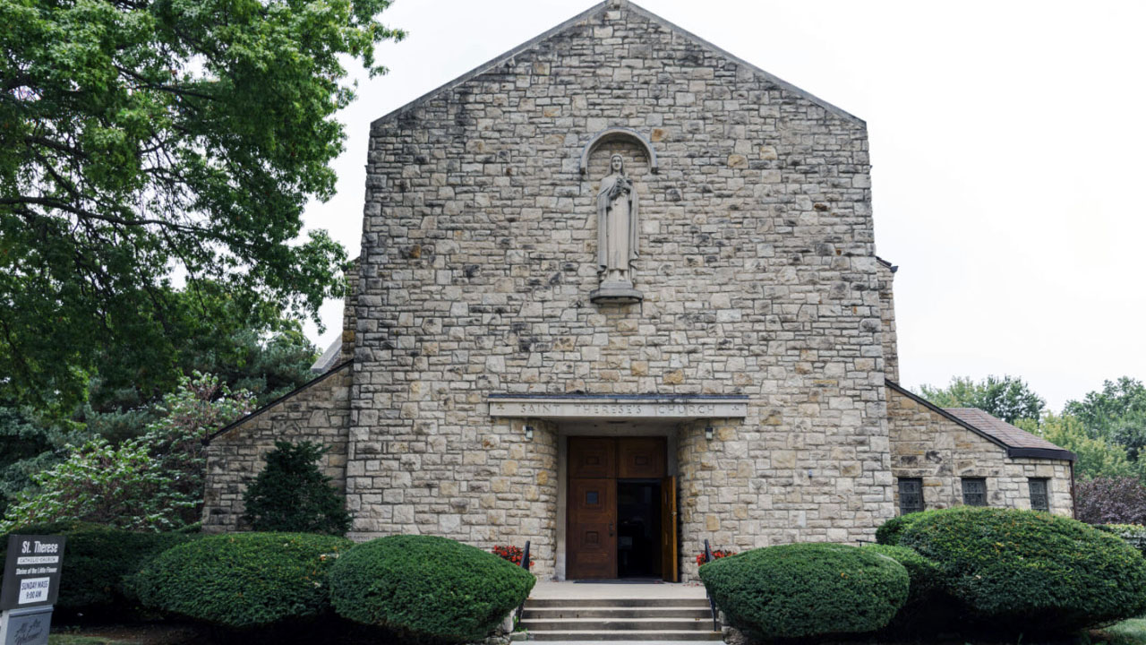 The beautiful front church entrance to St. Therese Little Flower Catholic Church in Kansas City Missouri.